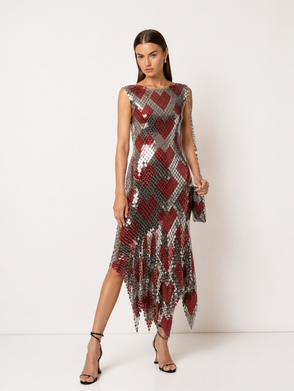 PACO RABANNE HEART Runway Sequin Midi Dress in Red and Silver